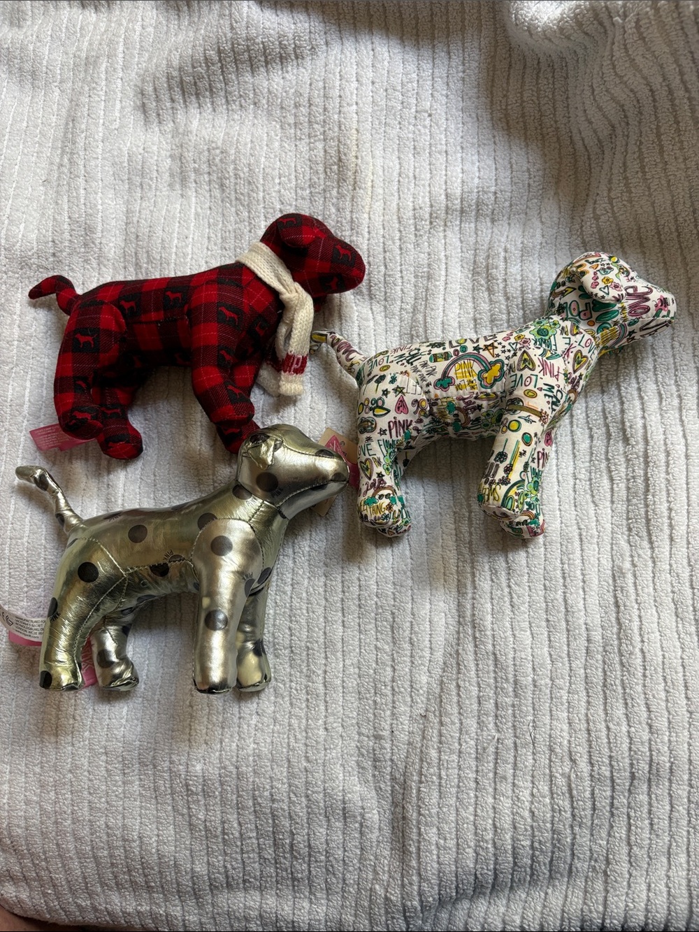 Victoria's Secret PINK Plush Dog Trio - Red Plaid, Metallic Gold, Graffiti Print